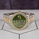 Rolex Datejust 36mm 18k YG & Steel Iced 2.50ct Diamond Green Roman Dial Watch